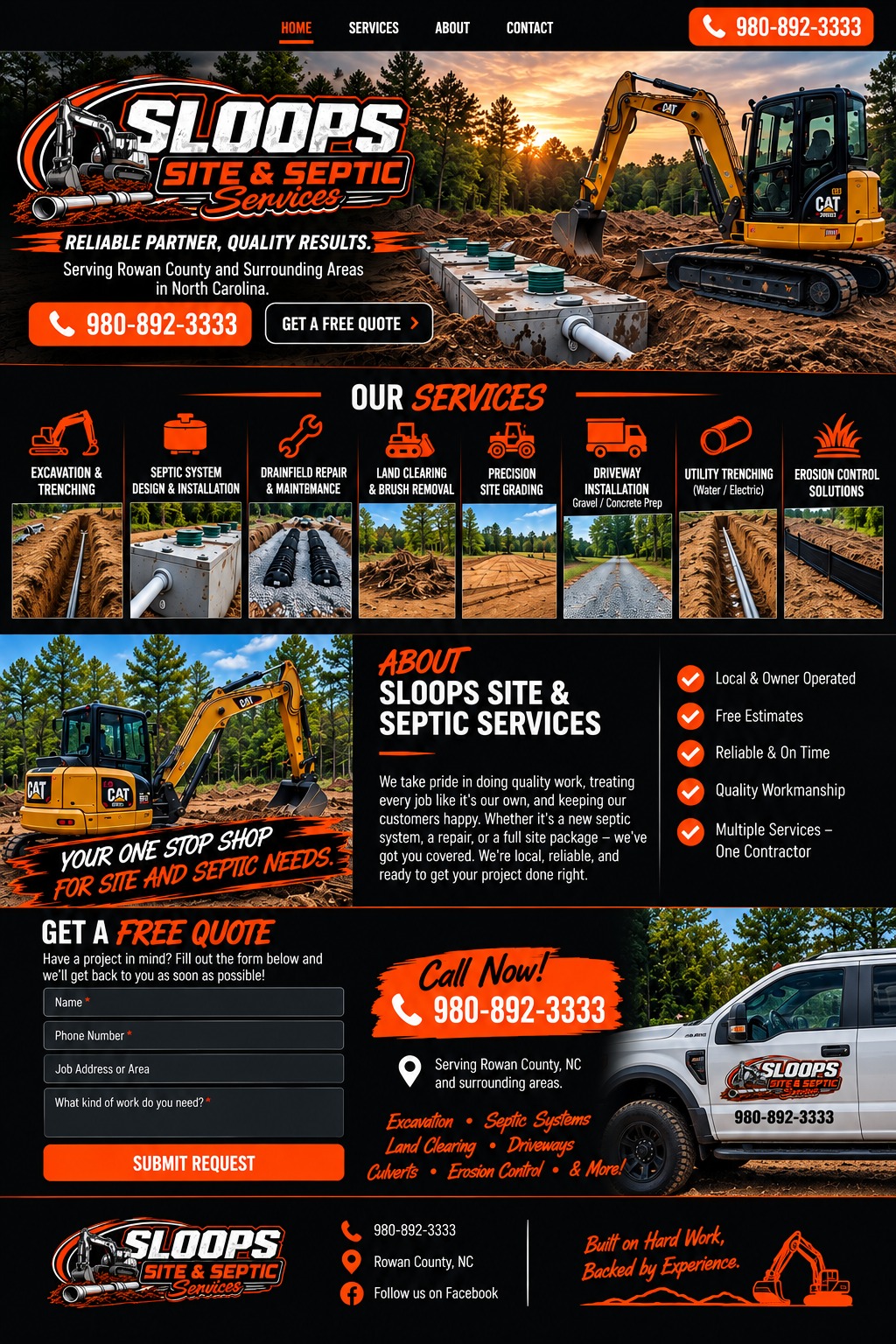 Sloops Site and Septic Services: excavator, septic tanks, services including excavation, septic installation, drainfield repair, grading, land clearing, driveways, trenching and erosion control